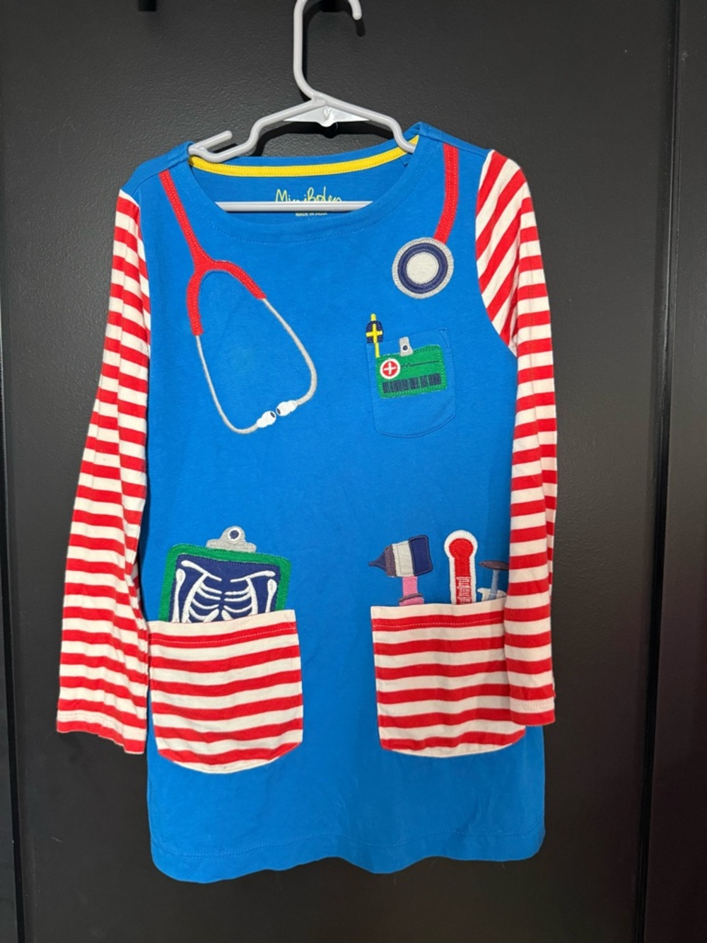Mini Boden Bright Blue Playful Doctor Tunic with Red Accents